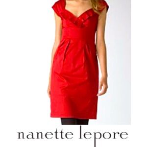 Nanette Lepore Crimsom Red Dynasty Sheath Dress Ruffle V-Neck Size 6 $285